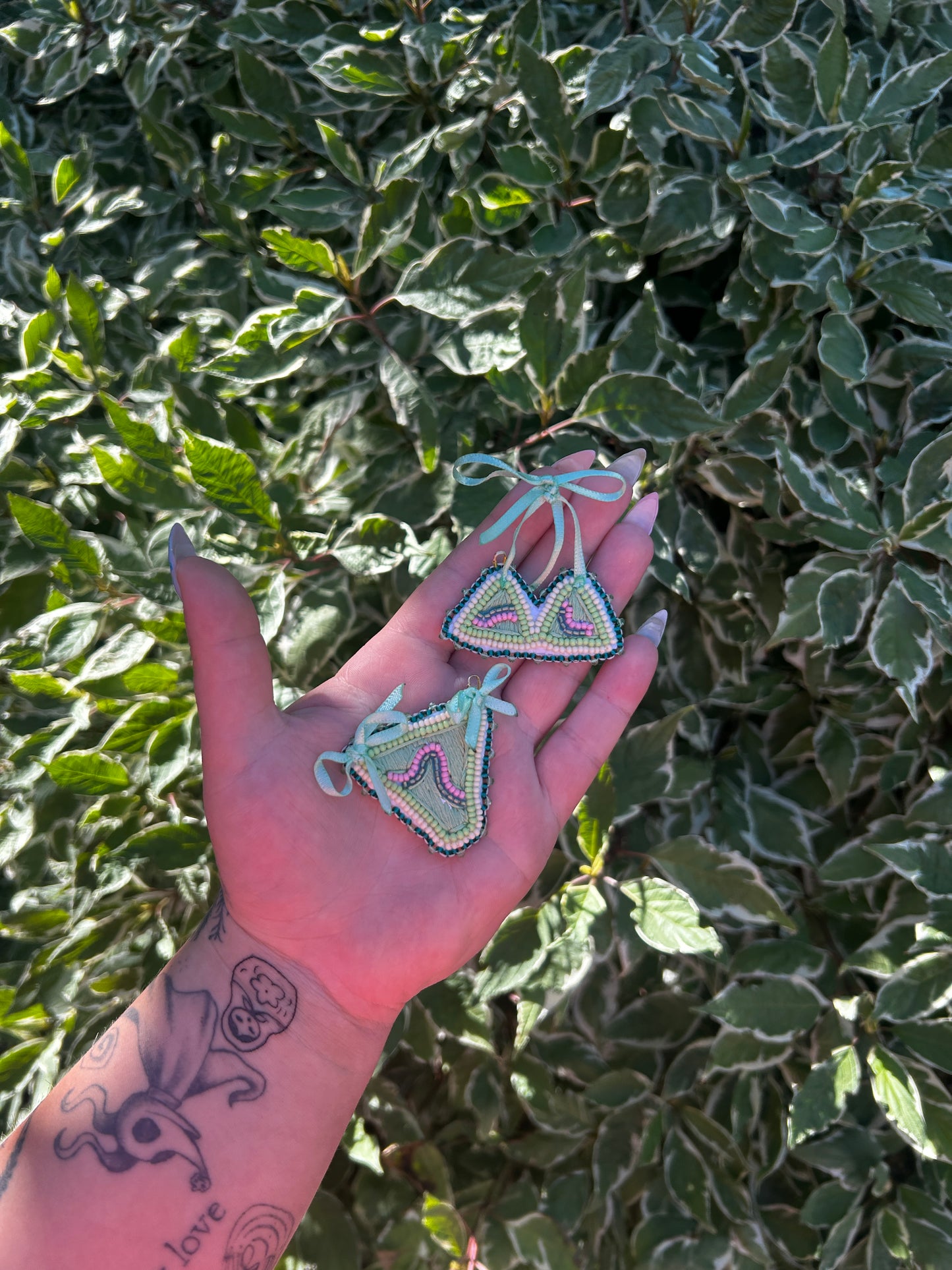 green bikini earrings