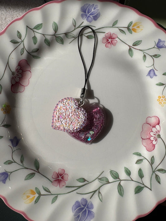 double pink heart phone charm